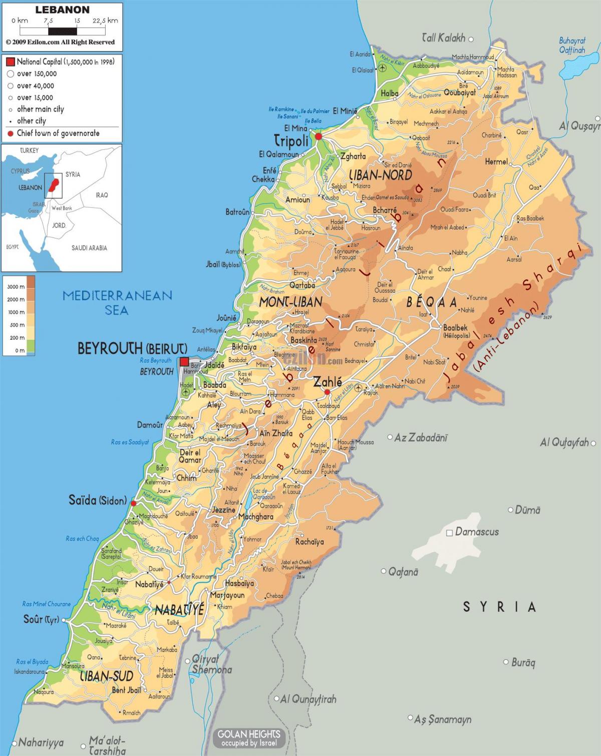 carte du Liban physique